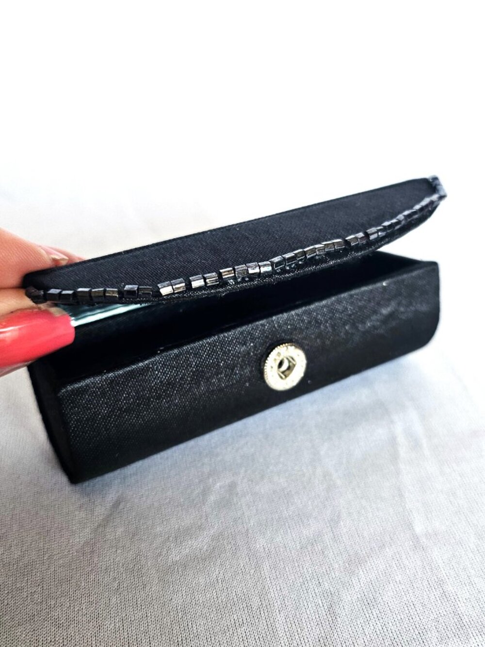 Vintage Black Satin Beaded Lipstick Case | Mirror Snap Closure